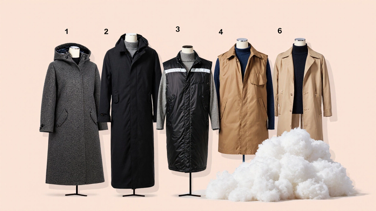 Collage of six mannequins displaying various winter coats and jackets in pastel tones.