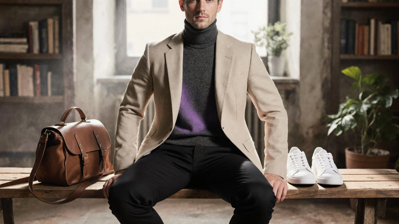 Минималистичный мужской образ: пиджак, свитер и брюки на деревянной скамье с кожаной сумкой и кроссовками.