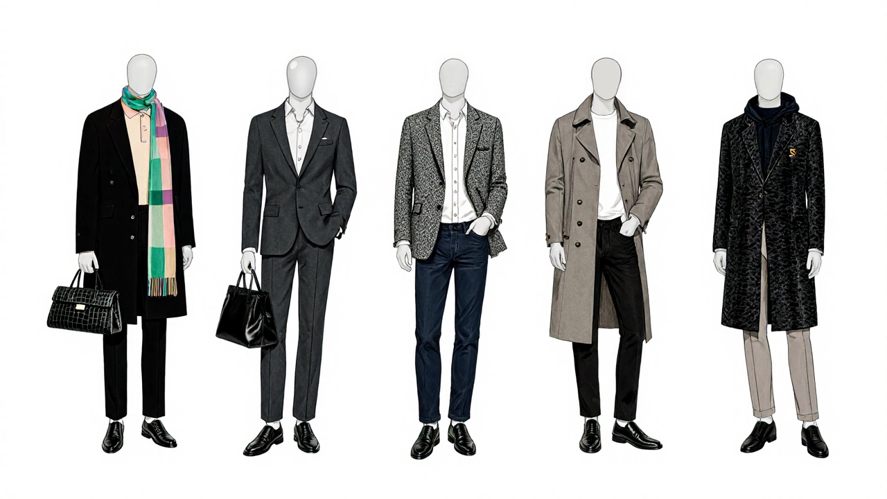 Пять манекенов, каждый в образе одного из элитных стилей: luxury, preppy, классический, smart‑casual, athleisure.
