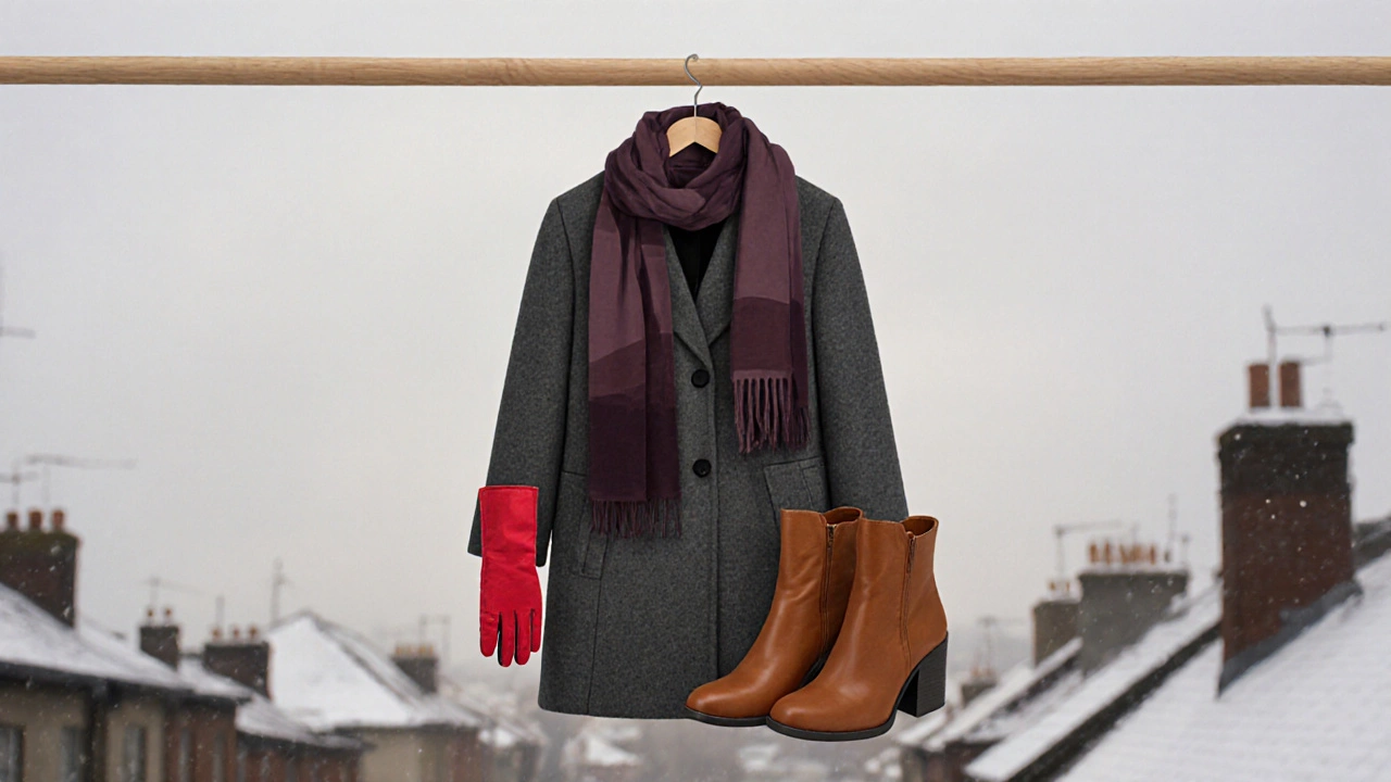 Разложенные на вешалке пальто, шарф и ботинки в приглушенных тонах с ярким акцентом