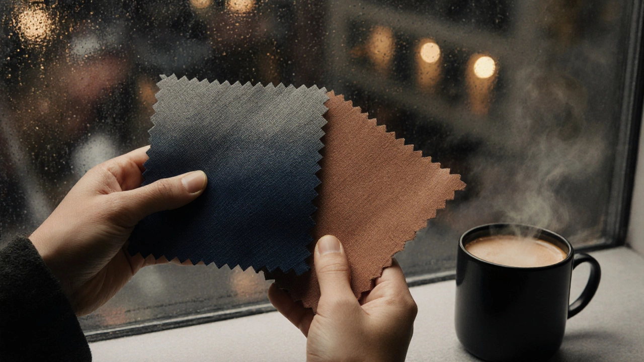 Руки держат ткани глубокого синего и терракотового цветов у дождевого окна