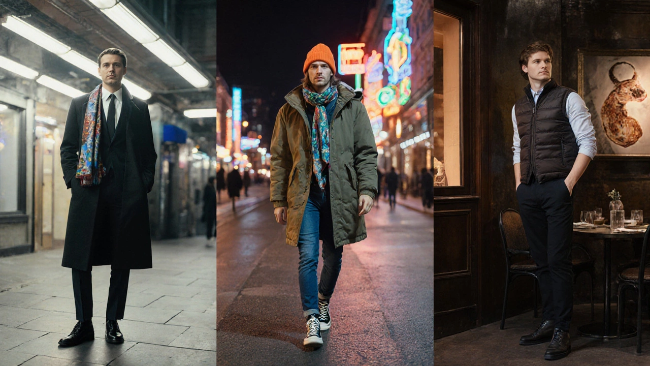 Three split‑screen outfits: office coat, casual parkac with beanie, and vest for an art café.