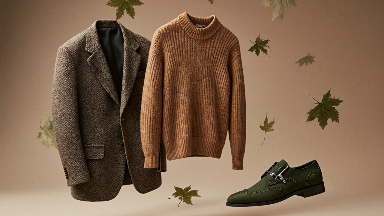 Три ключевых элемента мужской осенней моды 2024: пиджак, свитер и ботинки, парящие среди листьев земляных тонов.