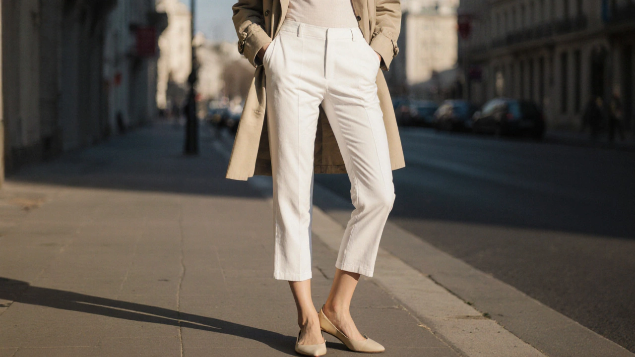 Женщина в брюках-капри до середины икры с пальто на улице Екатеринбурга.