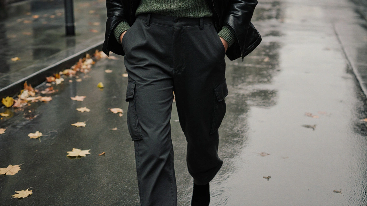 Женщина в минималистичных карго-брюках с кожаной курткой в Санкт-Петербурге.