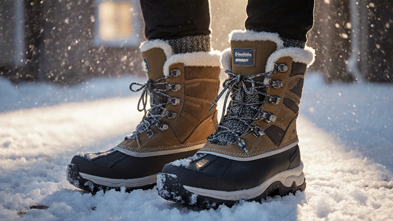 Зимние кроссовки Columbia Bugaboot III стоят в снегу, видны серебряные тепловые вставки и резиновая подошва.