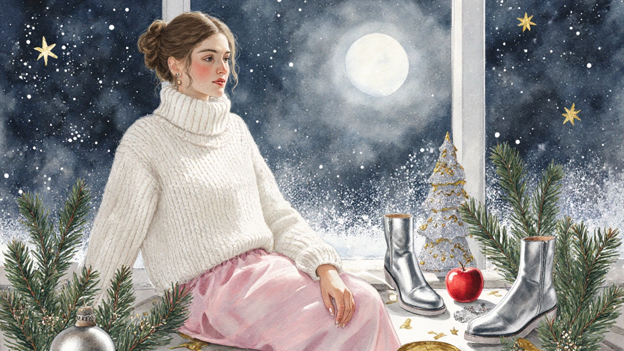 Белый свитер с пастельной блузой и серебряными ботильонами на новогоднем праздничном столе.