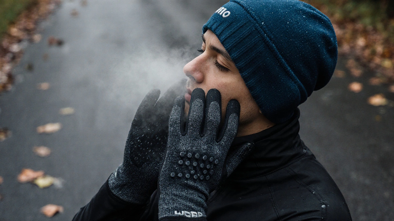 Близкий план рук в тонких термоперчатках и беговой шапке, покрытых каплями влаги, на фоне мокрого асфальта.