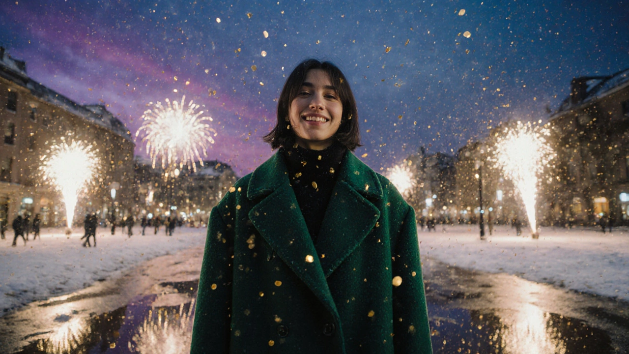 Человек в изумрудном пальто в снежном городе под фейерверками с золотыми искрами.