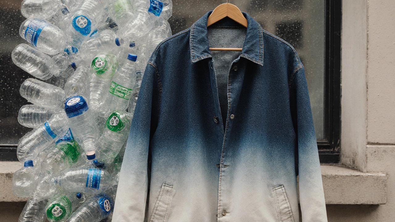 Джинсовое пальто с естественным выцветанием индиго рядом с переработанным полиэстером, символ экологичной моды.