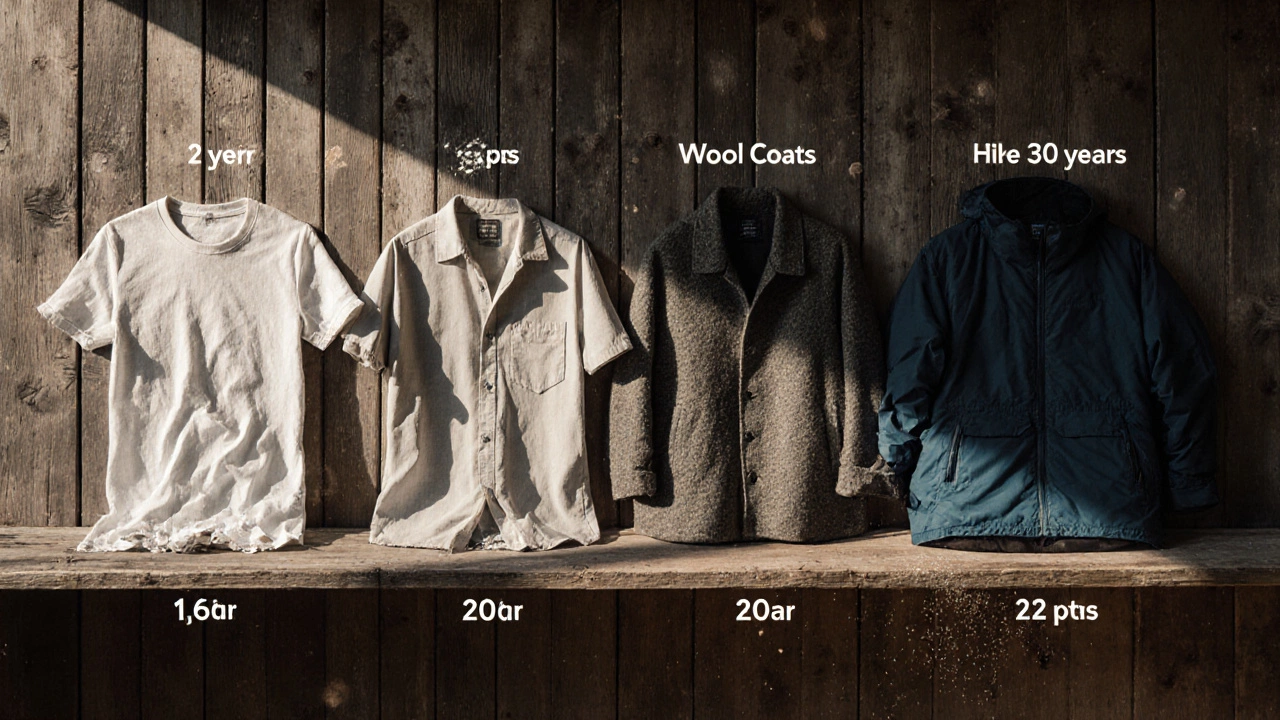 Хронология износа тканей: хлопок, лен, шерсть и полиэстер на полке с пылью и светом.