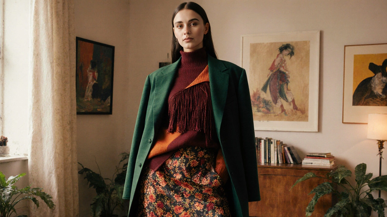 Максималистический образ в бордовых и терракотовых тонах с цветочным юбкой и бахромой.