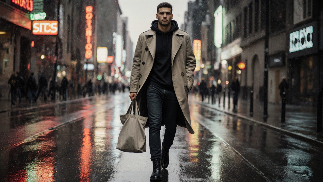 Мужчина идет по мокрому городскому тротуару вечером в пальто и темных джинсах, отражения фонарей на асфальте.