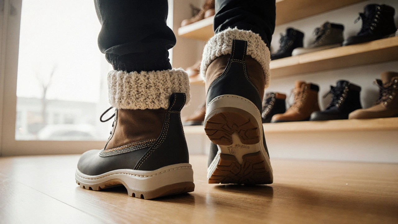 Мужчина примеряет зимние ботинки с толстыми носками, пальцы свободны, пятка не поднимается.