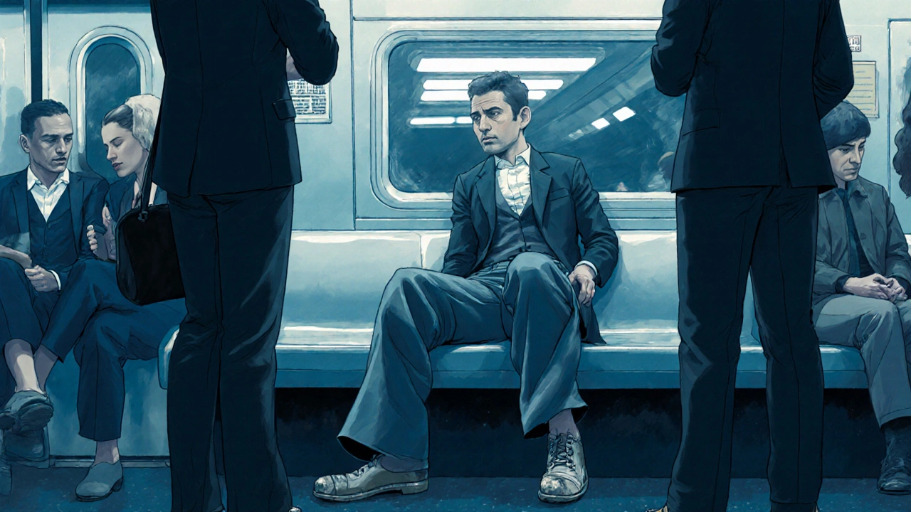 Мужчина сидит в метро, застряв в брюках-клёш, вокруг — люди в современной одежде.