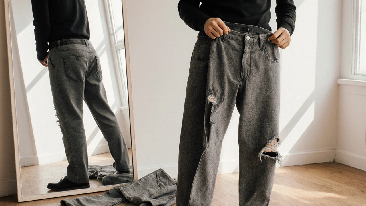 Мужчина сравнивает порванные и аккуратные брюки в спокойной обстановке дома.
