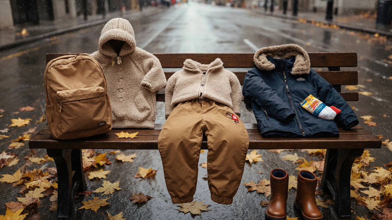 Осенняя детская одежда: термобелье, флис, куртка, ботинки и шапка, разложены на скамейке с листьями.