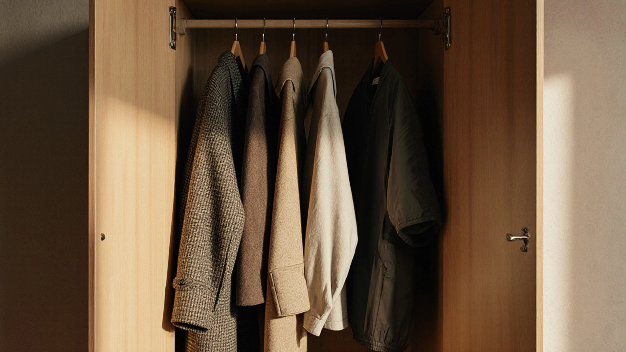 Открытый винтажный шкаф с долговечными тканями: шерсть, лен, полиэстер и нейлон.