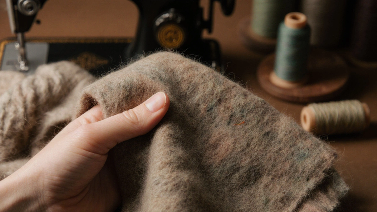 Рука держит ткань из переработанной шерсти с неровной текстурой и приглушенными тонами, на фоне швейной машинки.