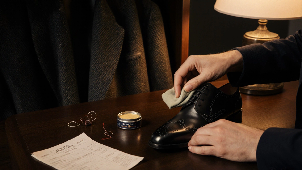 Руки полируют ботинки John Lobb, рядом — нитки, воск и старая квитанция.