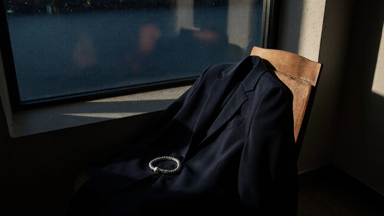 Темно-синий пиджак на стуле у окна с видом на Неву ночью.