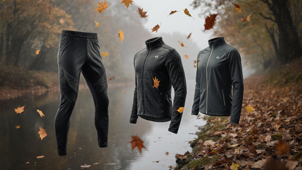 Три слоя спортивной одежды для бега в холод: термобелье, флис и ветровка, расположены слоями на фоне осенних листьев.