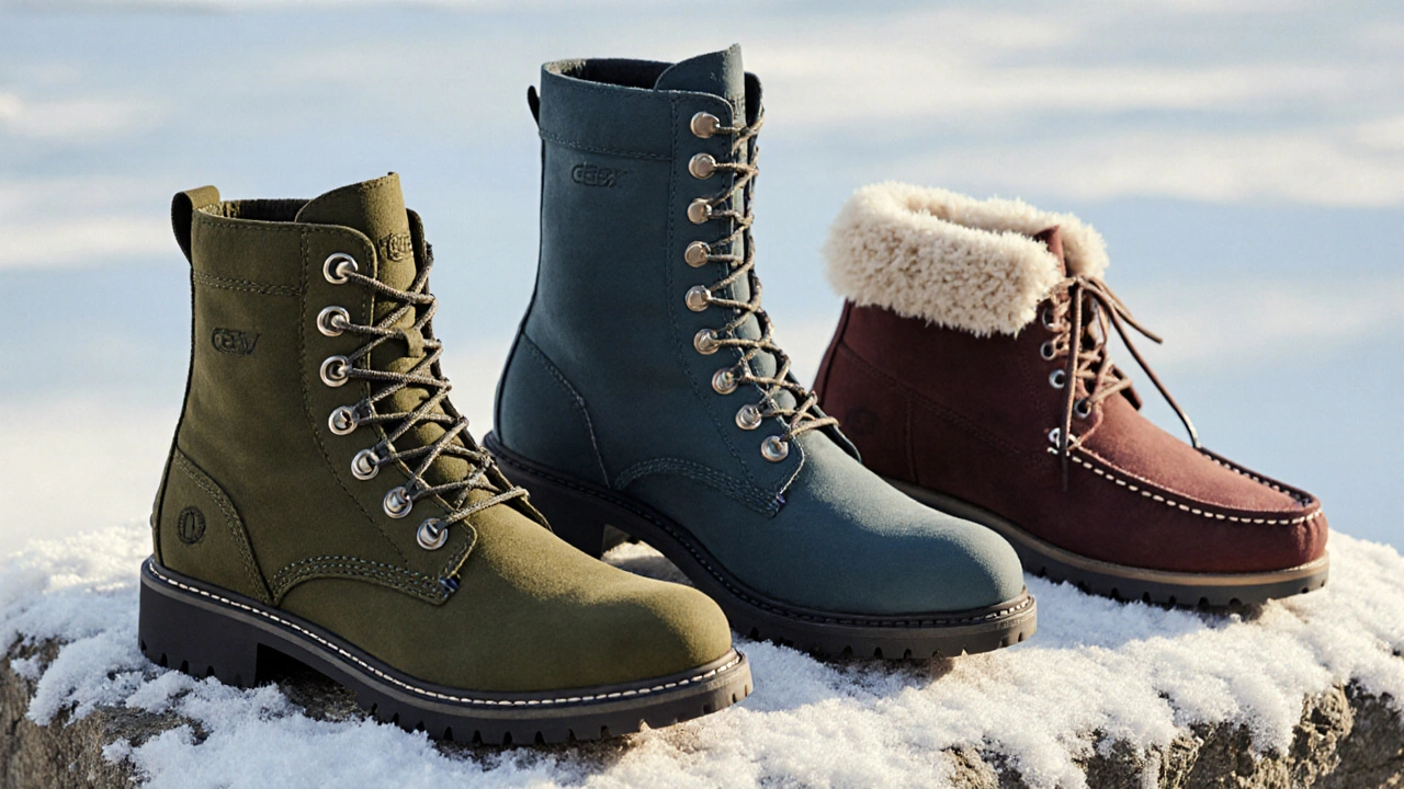 Три стиля зимней обуви: ботинки-лодочки, ботфорты и утепленные мокасины на фоне снега.