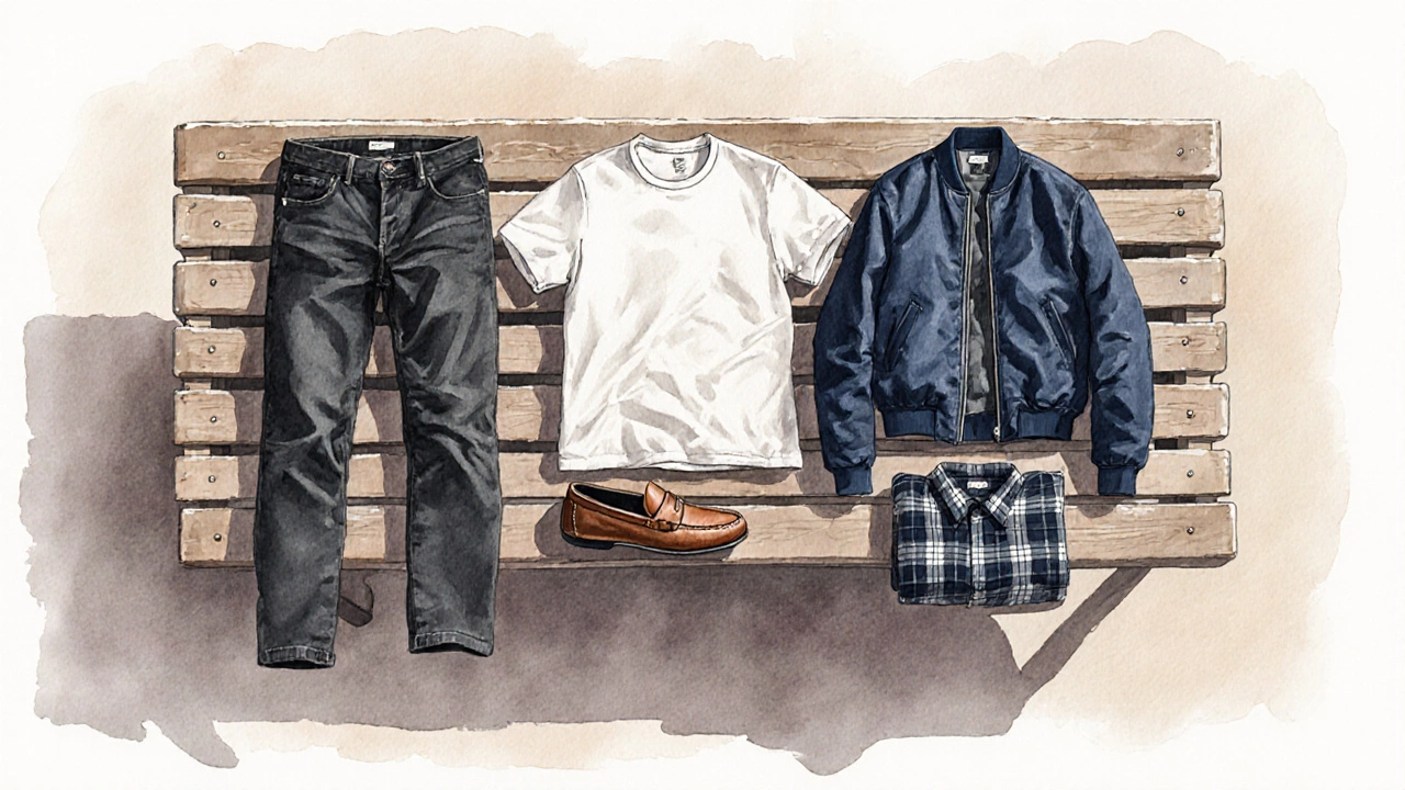 Уложенный на деревянной скамье мужской гардероб: джинсы, футболка, куртка, ботинки и рубашка без логотипов.