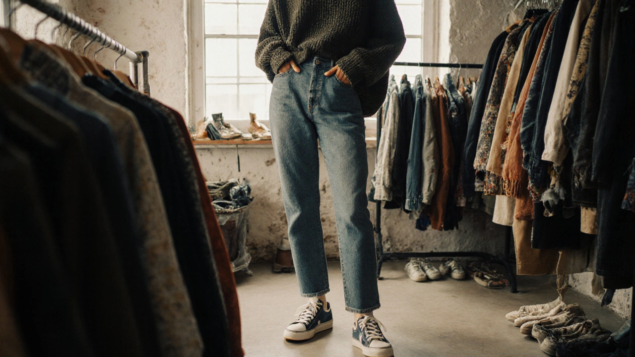Винтажные джинсы 90-х сочетаются с современным свитером из биохлопка в бутике второй руки.