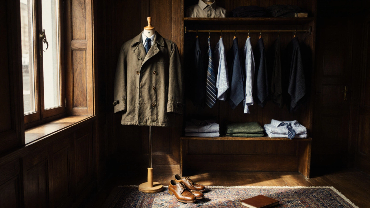 Винтажный бутик с курткой Barbour, рубашками Charvet и обувью John Lobb в тёплом свете.