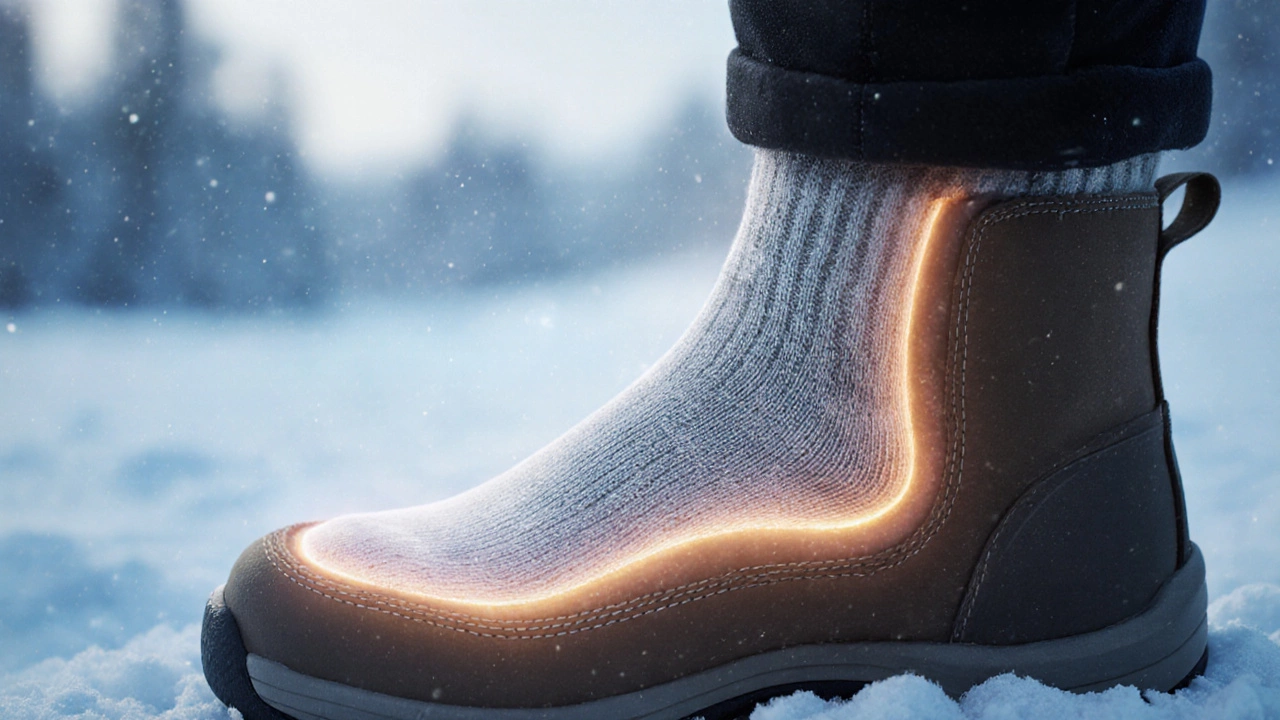 Внутри зимнего ботинка — слои носков и тёплый воздушный слой, защищающий от холода.
