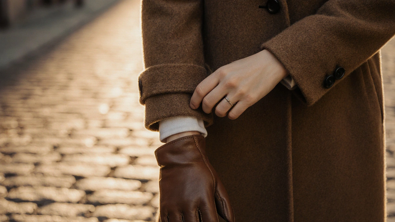 Женщина аккуратно сворачивает отворот рукава пальто, чтобы укоротить его на несколько сантиметров.