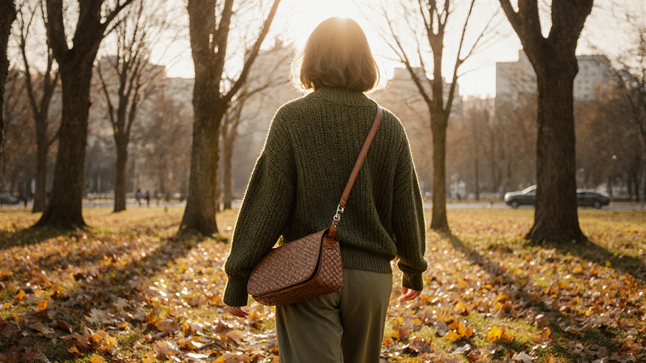 Женщина в оливковом свитере гуляет по осеннему парку в Москве.