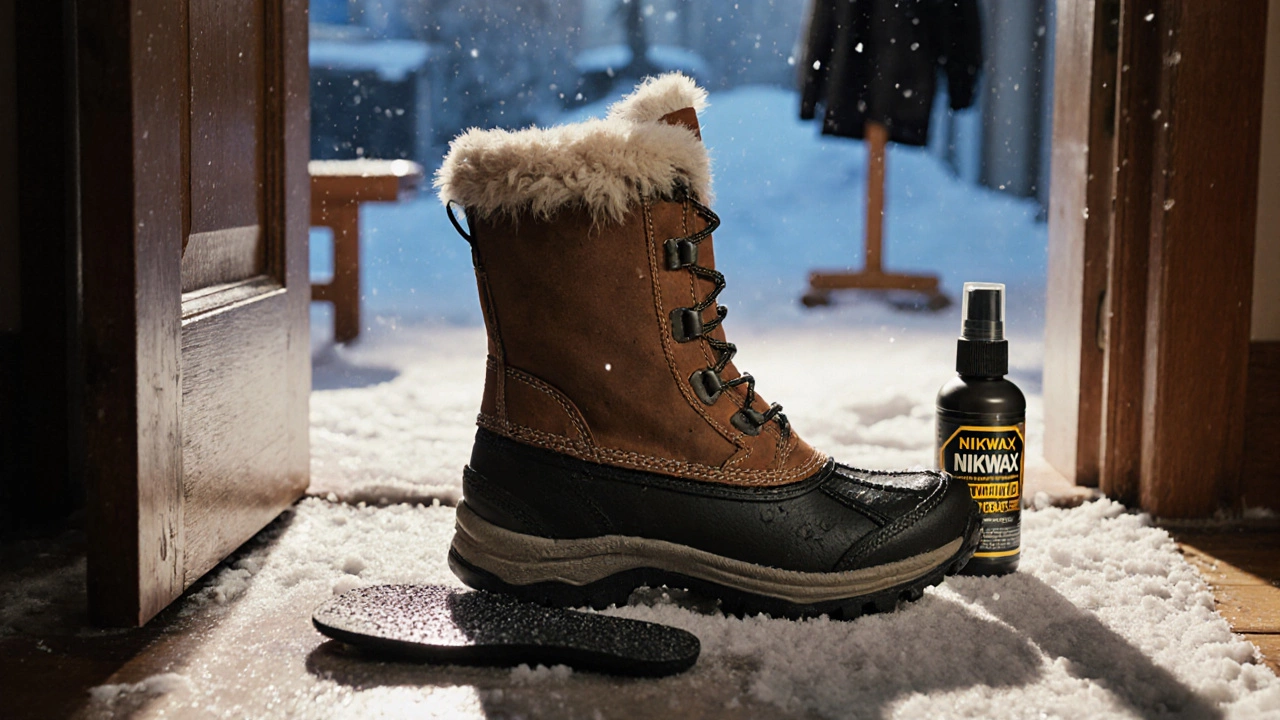 Зимняя обувь с сушащейся стелькой и бутылкой водонепроницаемого спрея в прихожей.