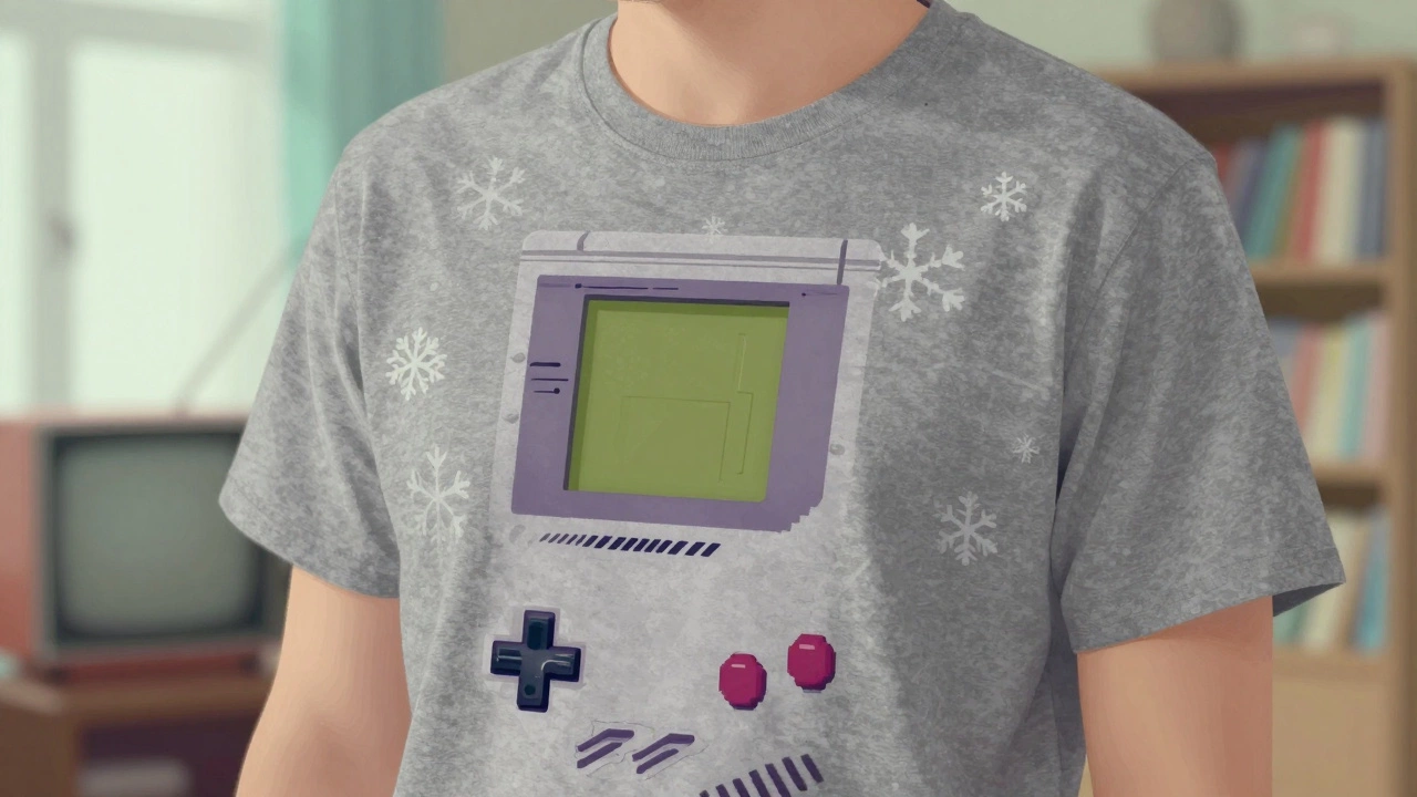 Близкий план футболки с пиксельным узором и снежинками в стиле 90-х.