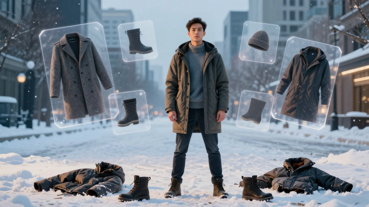 Мужчина стоит среди волшебных изображений зимней экипировки, а дешевые некачественные вещи лежат разбитыми у его ног.