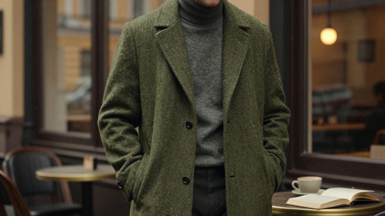 Мужчина в оливковом твидовом пальто сидит в кафе, за ним — дождь и свет окон.