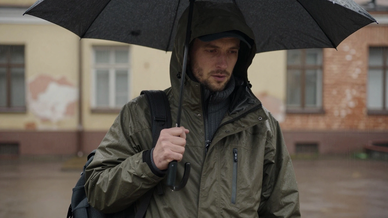 Мужчина в водонепроницаемой куртке с капюшоном стоит во дворе под дождем.