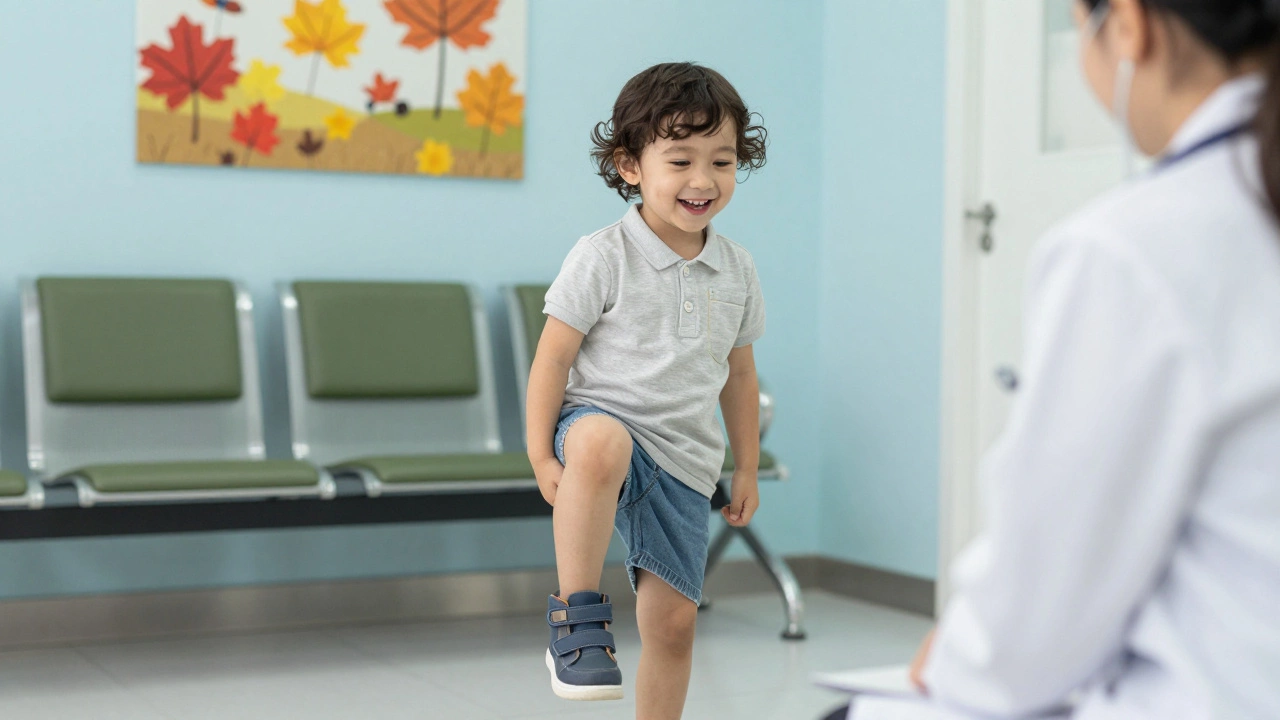 Ребёнок снимает ботинки на липучках в клинической обстановке, улыбается с гордостью.