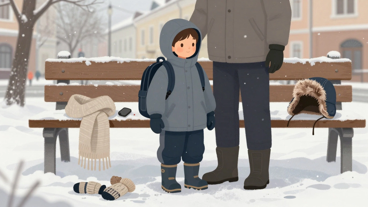 Ребёнок в комбинезоне и зимних ботинках с аксессуарами: шарф, варежки и шапка на скамейке, за окном — зимний город.