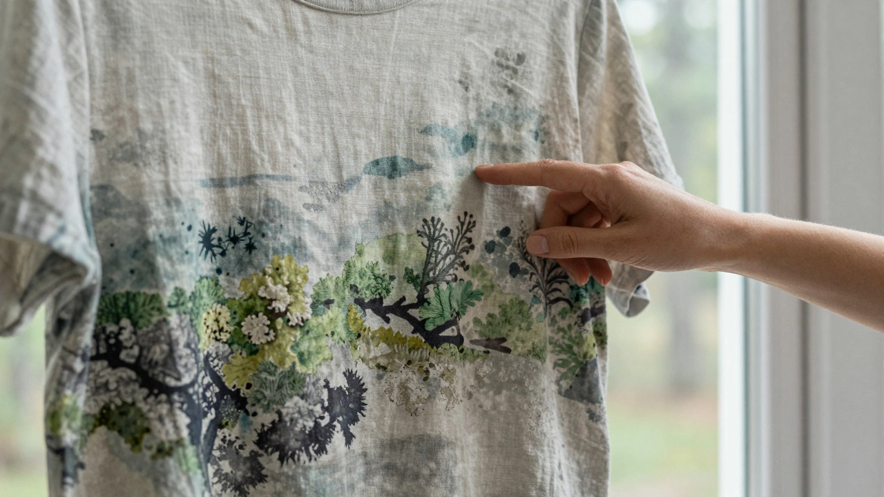 Рука касается футболки с акварельным принтом мха и лишайников на льняной ткани.