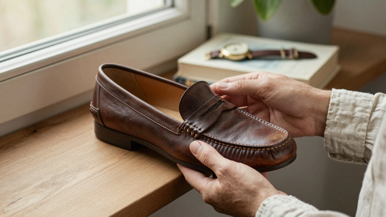 Руки держат потертую кожаную лоферу и рубашку из льна с текстурой под светом окна.