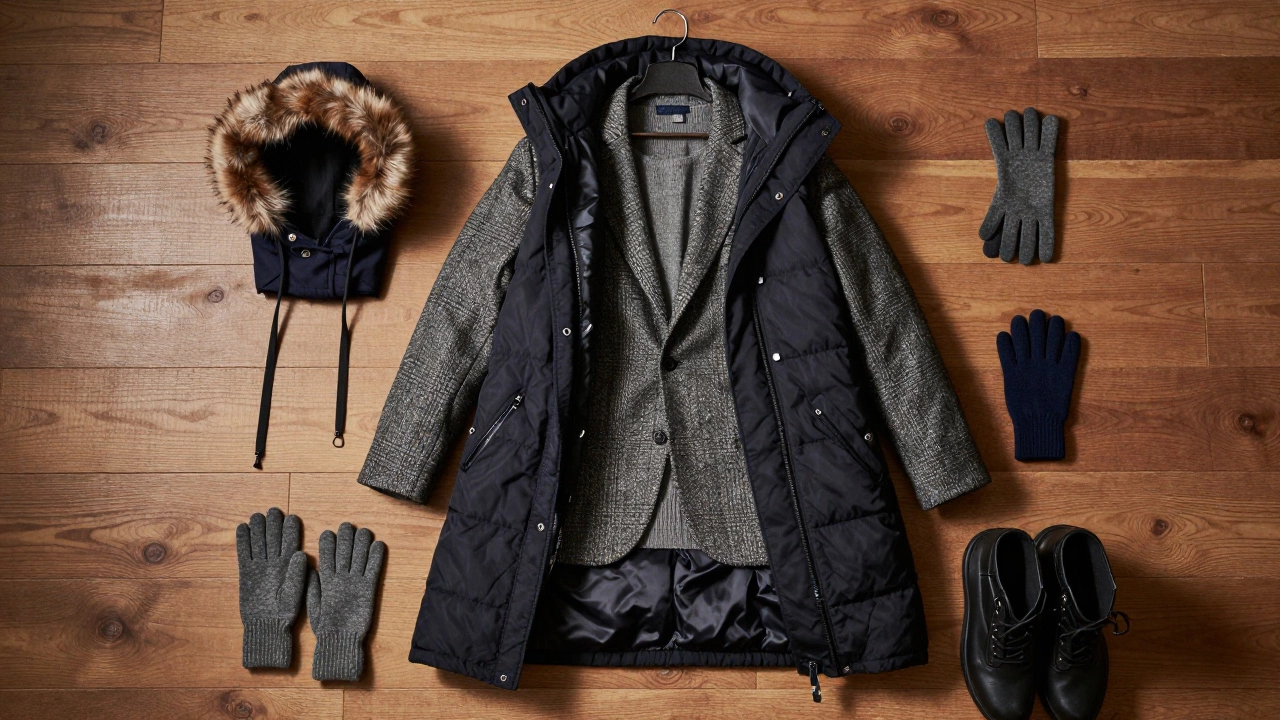 Система слоев зимней одежды: термобелье, пиджак и куртка с синтетическим утеплителем на вешалке.