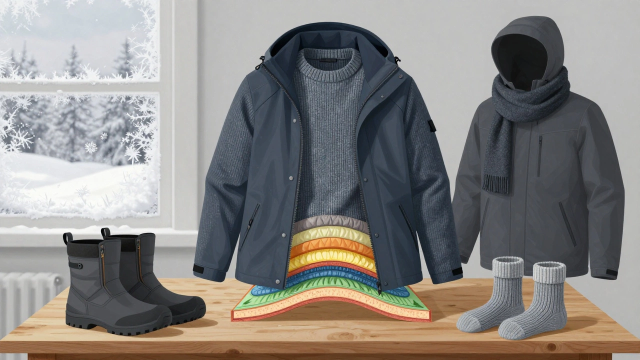 Слои зимней одежды: термобелье, шерстяной свитер и ветровка, разложены на столе с ботинками и шарфом, видны текстуры материалов.