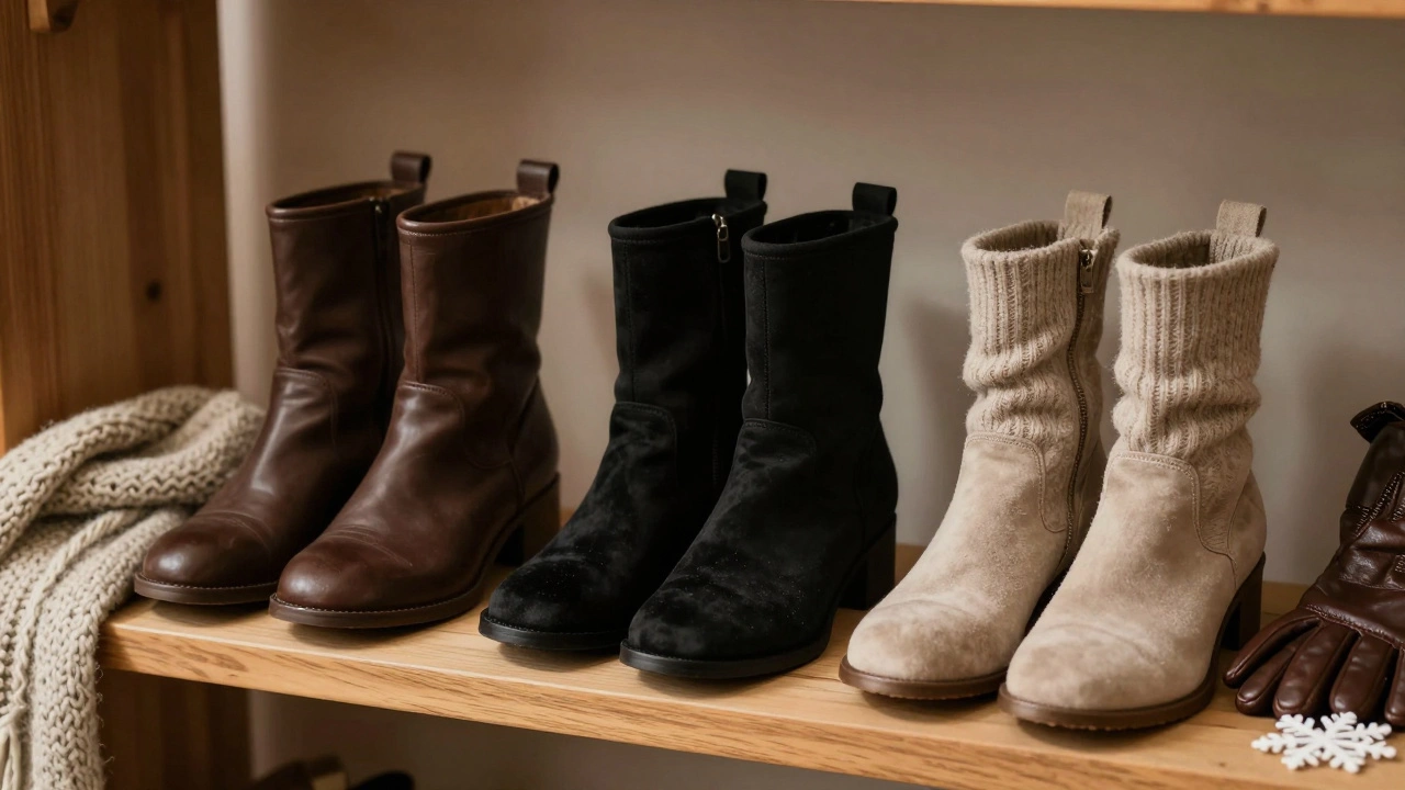 Три пары обуви 2024 года с разными формами носков на деревянной полке с шерстяными носками.