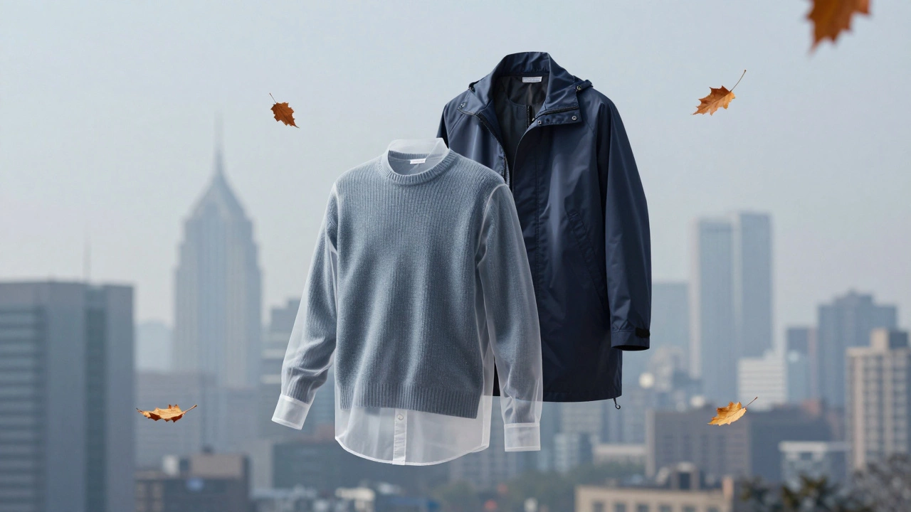 Три слоя осенней одежды: термобелье, свитер и ветровка, расположены слоями на фоне городского пейзажа.