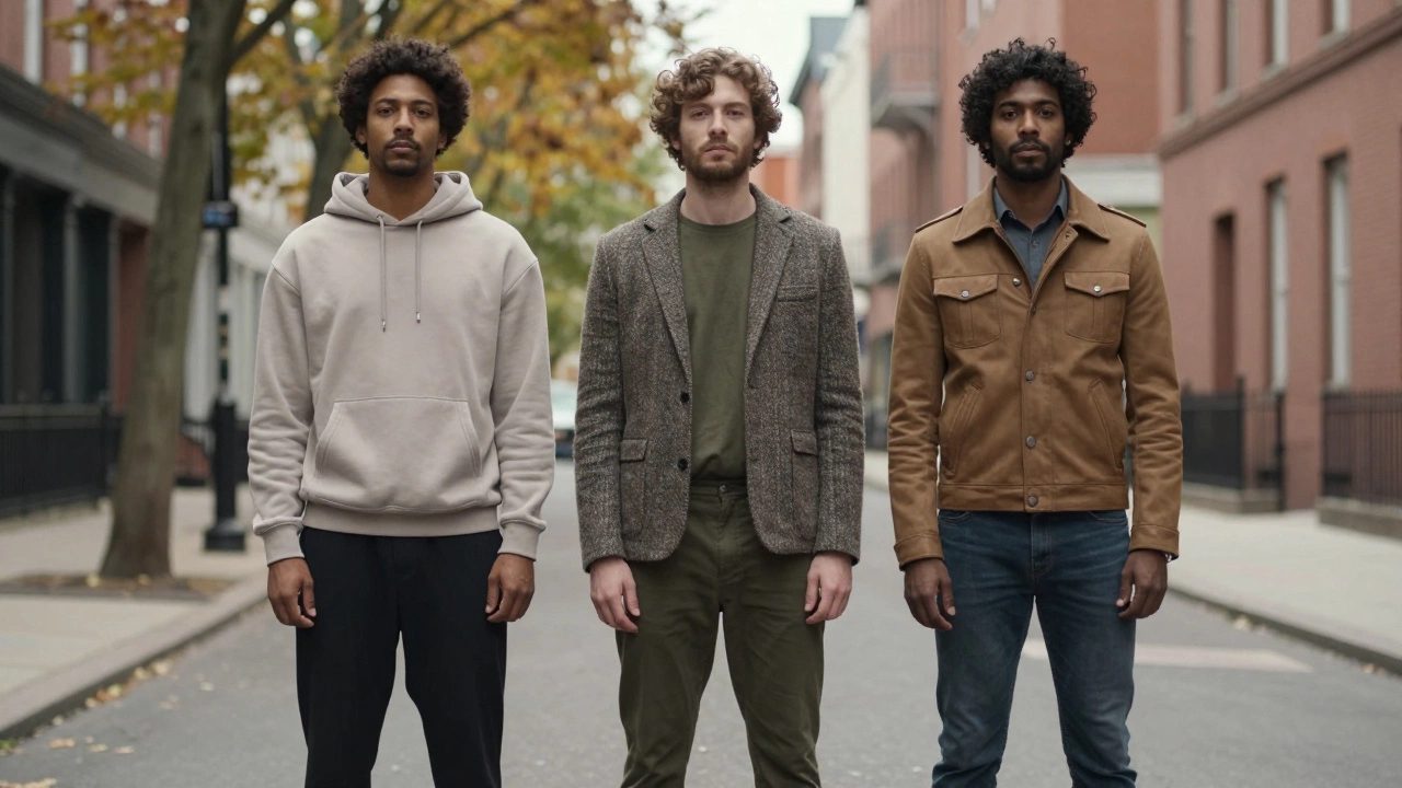 Трое мужчин в разных стилях — минимализм, арт-кэжуал и ретро-практичный — стоят на улице без логотипов.