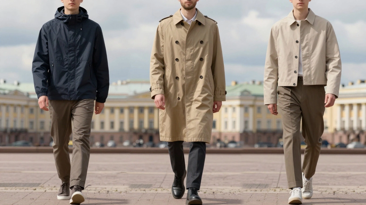 Трое мужчин в современной весенней верхней одежде на фоне городского пейзажа.