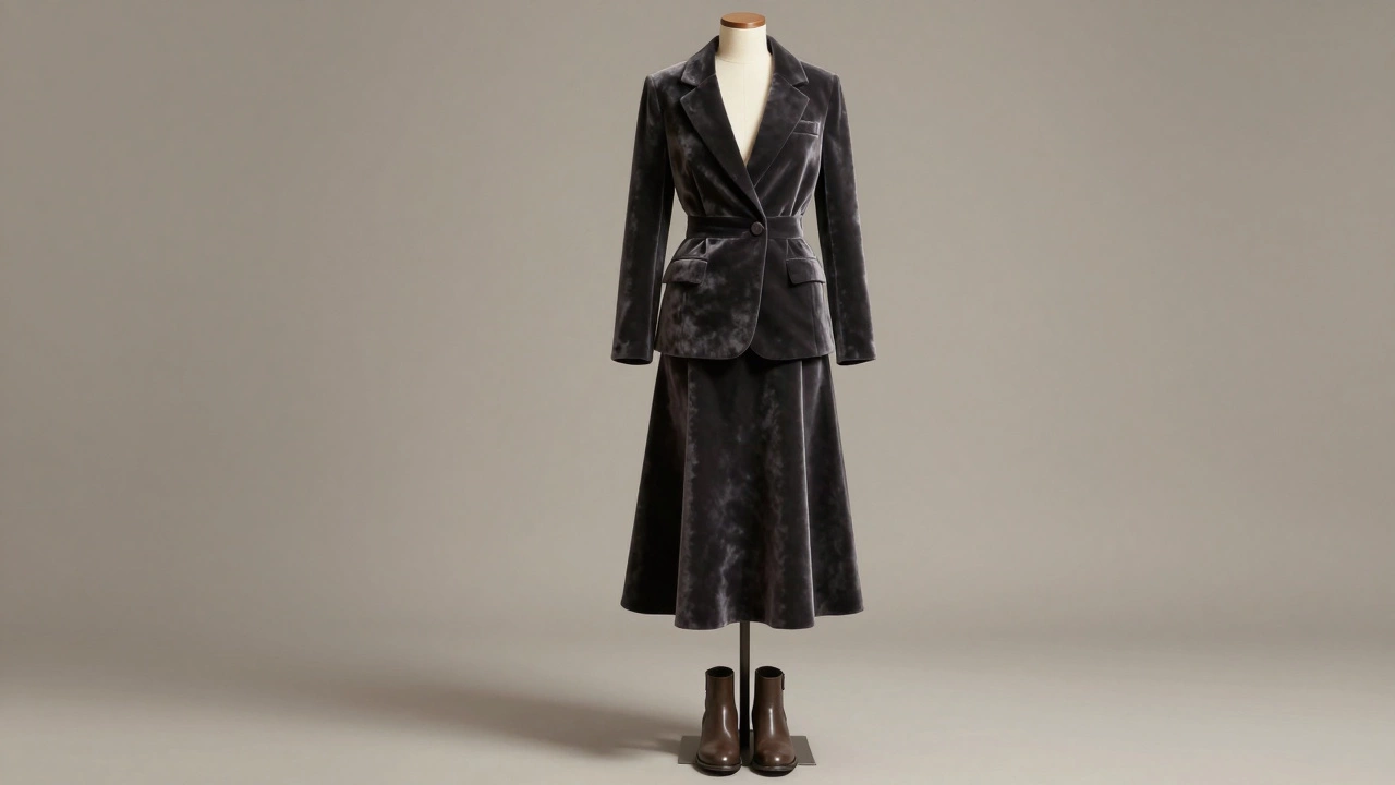 Вельветовый пиджак и юбка на манекене с подчёркнутой текстурой ткани в нейтральной обстановке.