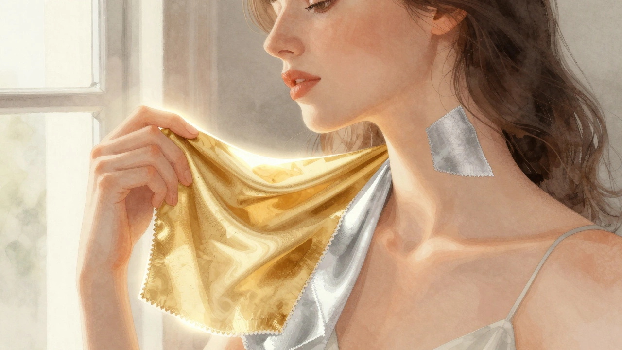 Женщина держит золотой и серебряный отрезы ткани у шеи, золотой делает кожу светлее, серебряный — тусклее.